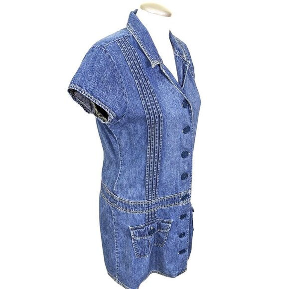 Vintage Y2K Old Navy Denim Shirt Dress Size 14 Short Sleeve Pockets Drop Waist - Picture 5 of 9